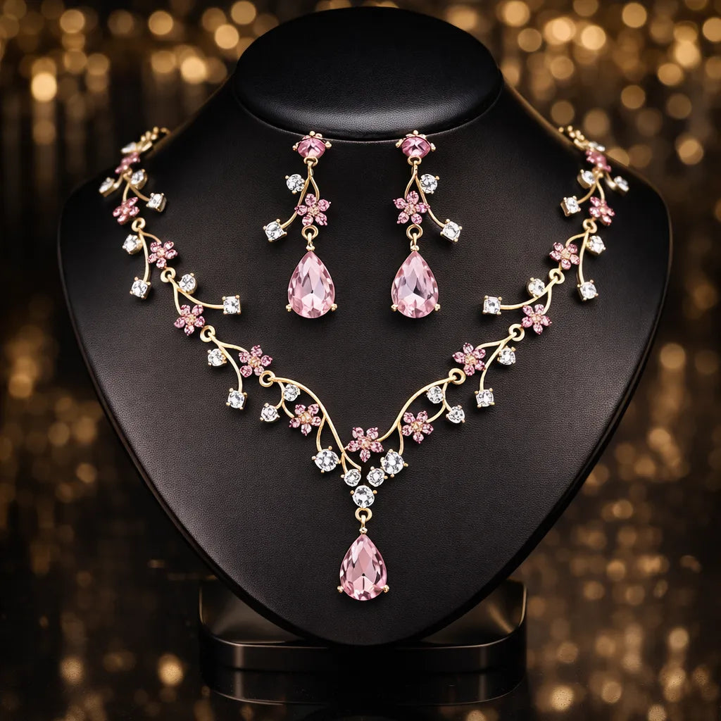 Parure De Mariage Rouge – Collier Et Boucles D'oreilles Zirconiums – Argenté