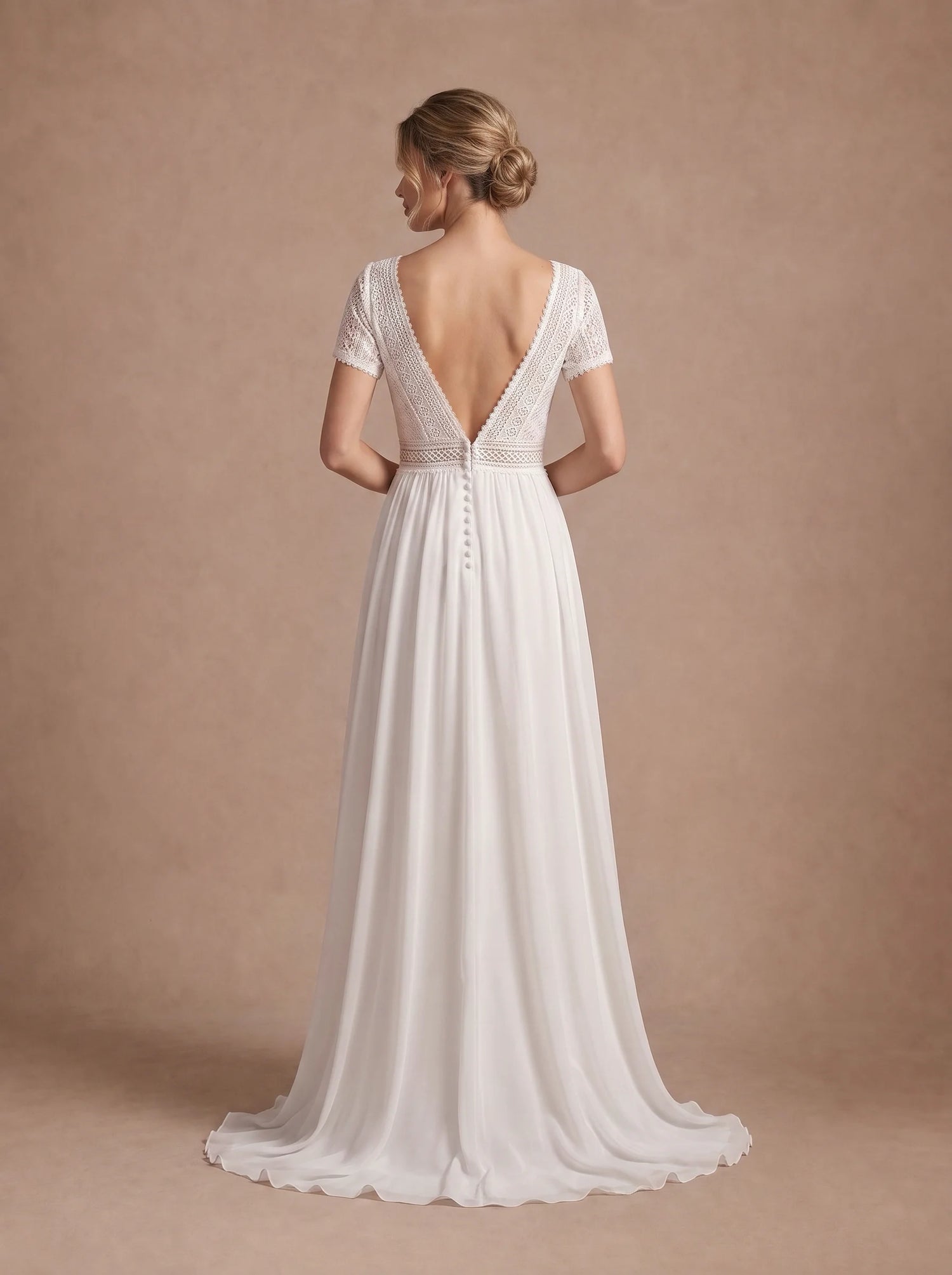 Robe de mariée Bohème en Dentelle à Manches Courtes