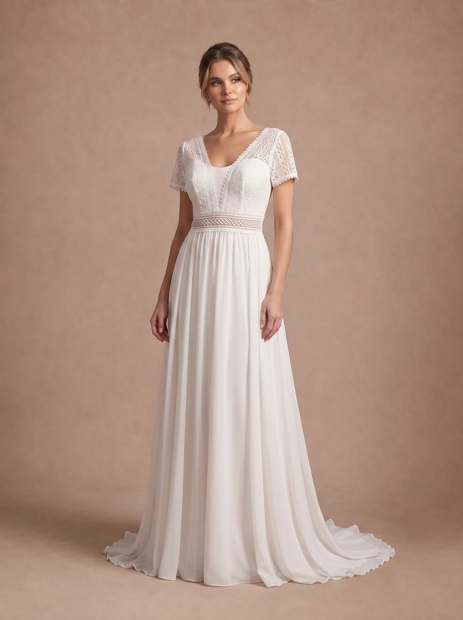 Robe de mariée Bohème en Dentelle à Manches Courtes
