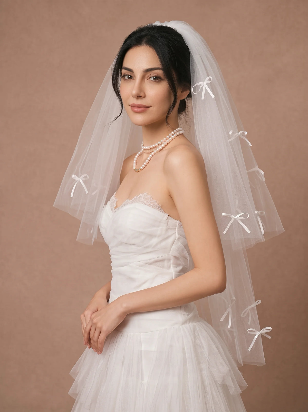 Voile de mariée blanc à petits nœuds satinés – 80 cm