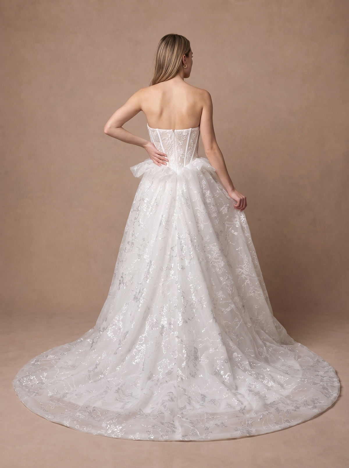 Robe de mariée princesse à corset taille basque en dentelle — Modèle — dos