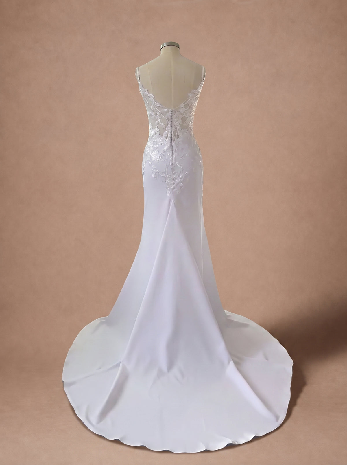 Robe de mariée sexy en dentelle à décolleté plongeant — Mannequin — dos entier