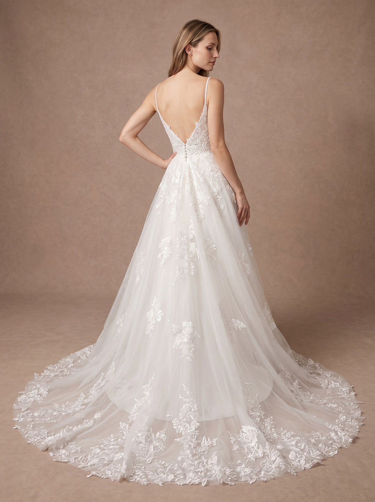 Robe de mariée en dentelle dos nu à bretelles fines — Modèle — dos