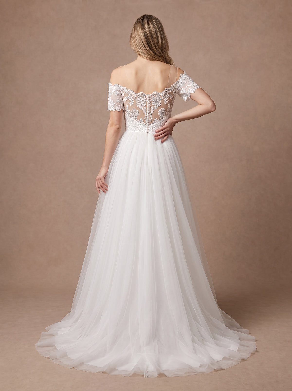 Robe de mariée empire en dentelle à épaules dénudées — Modèle — dos