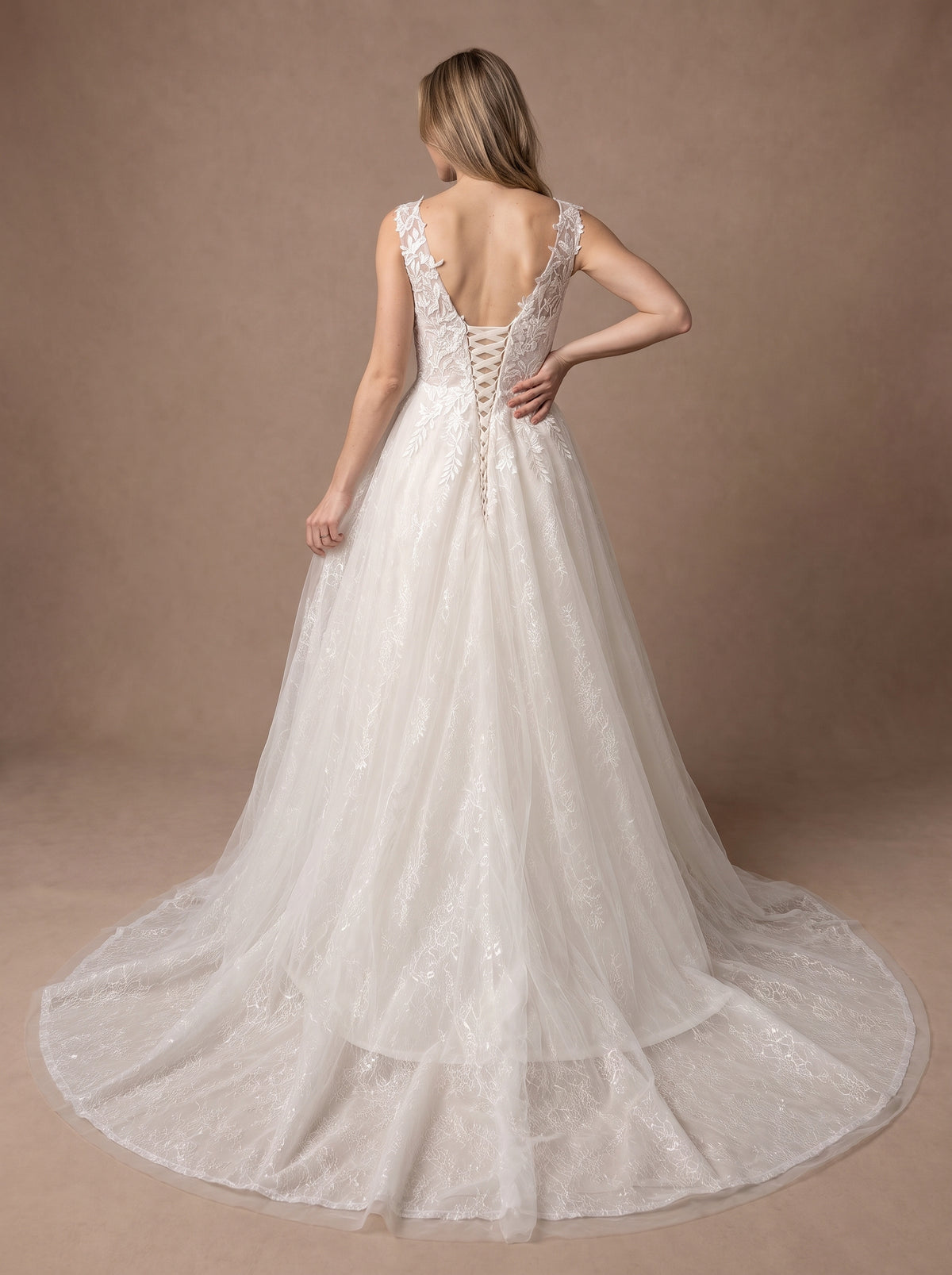 Robe de mariée empire en tulle et dentelle ivoire — Modèle — dos