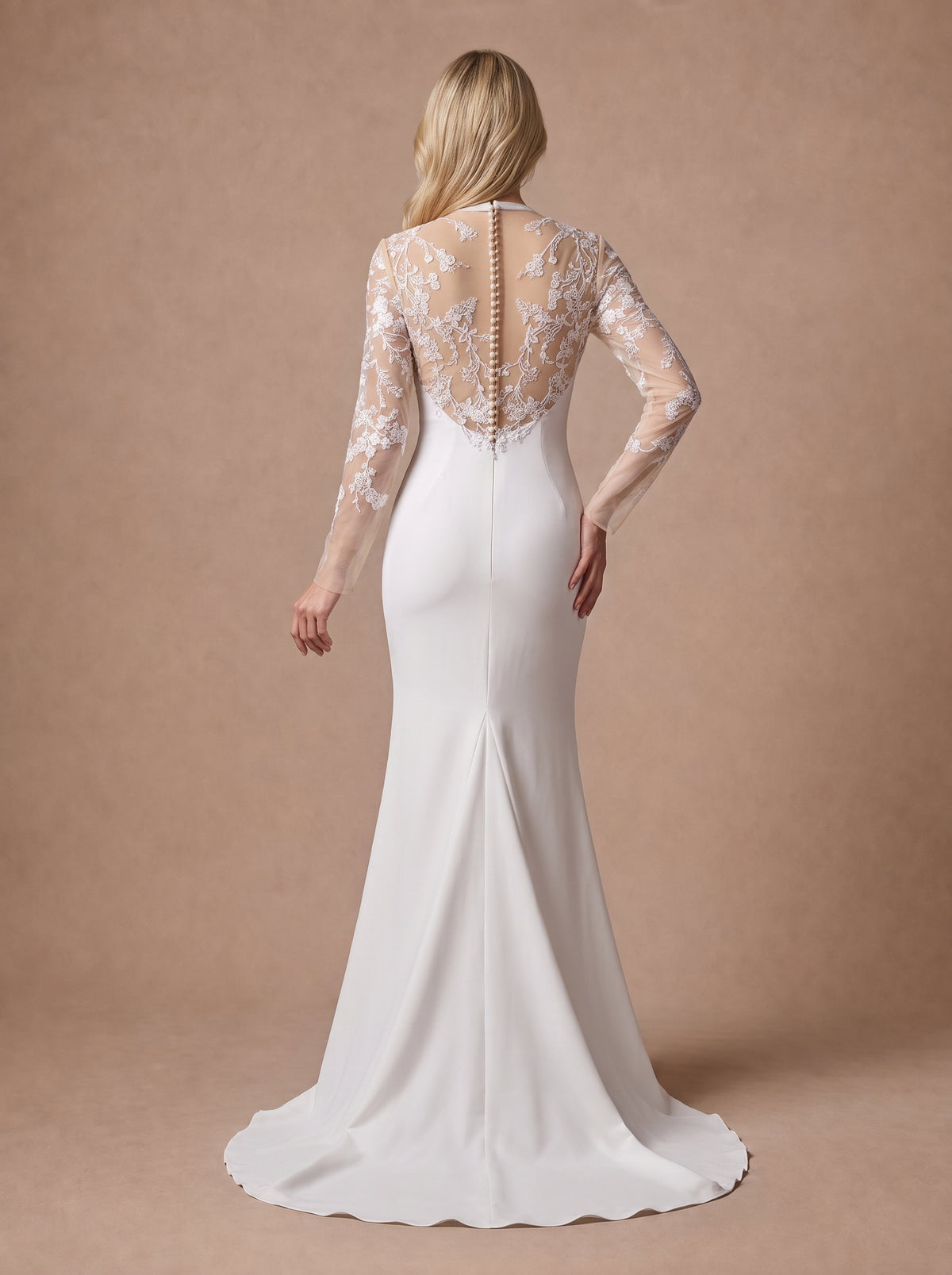 Robe de mariée moderne et sexy à manches en dentelle. — Modèle — dos