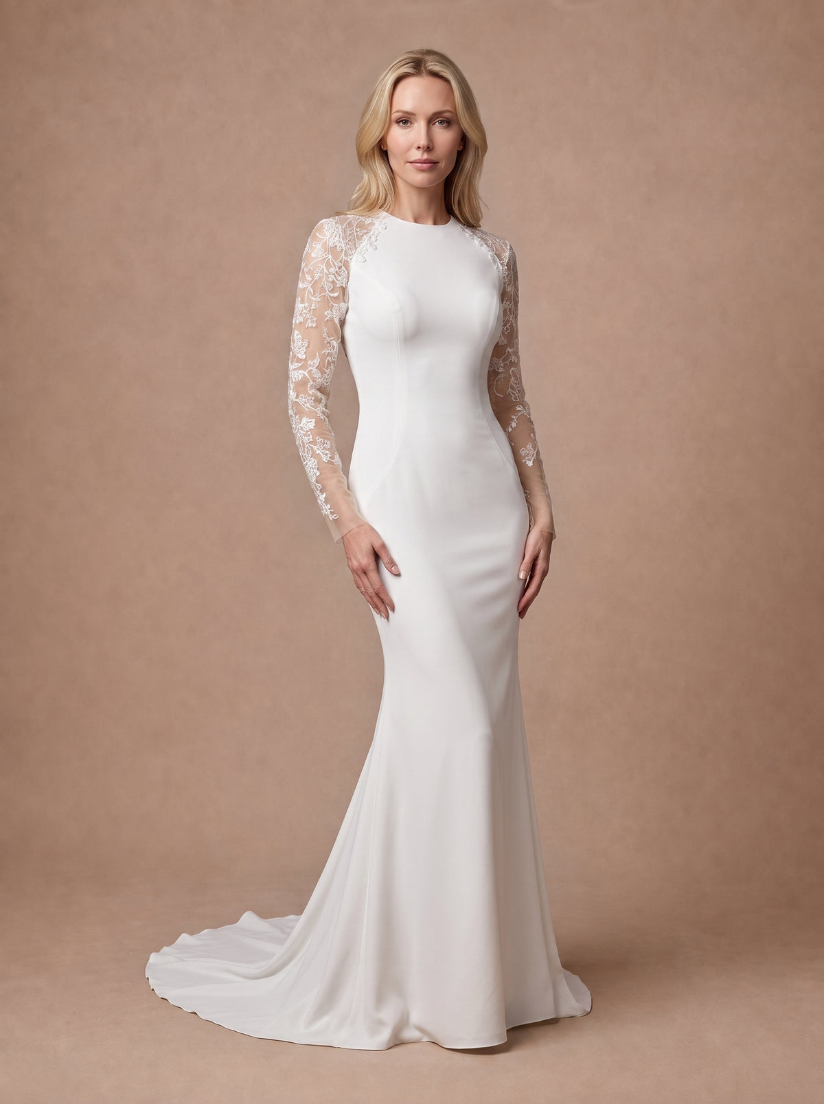 Robe de mariée moderne et sexy à manches en dentelle. — Modèle — face