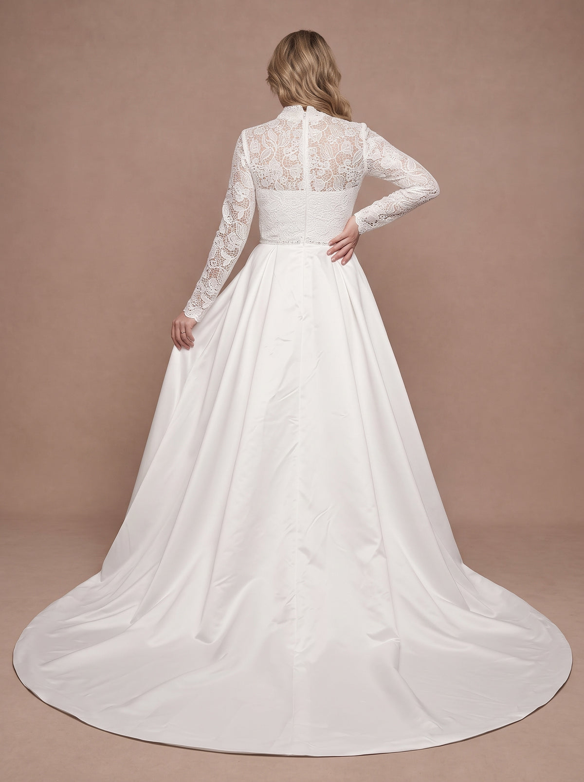 Robe de mariée originale pour femme ronde en satin et dentelle — Modèle — dos