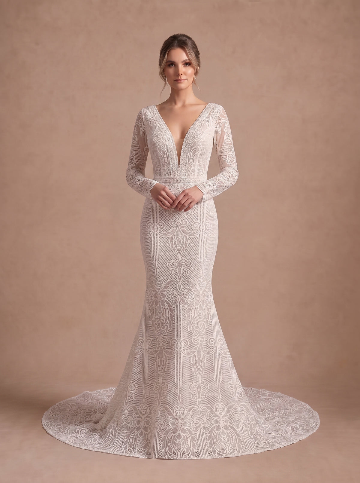 Robe de mariée sirène bohème de plage champagne à dos nu — Modèle — face