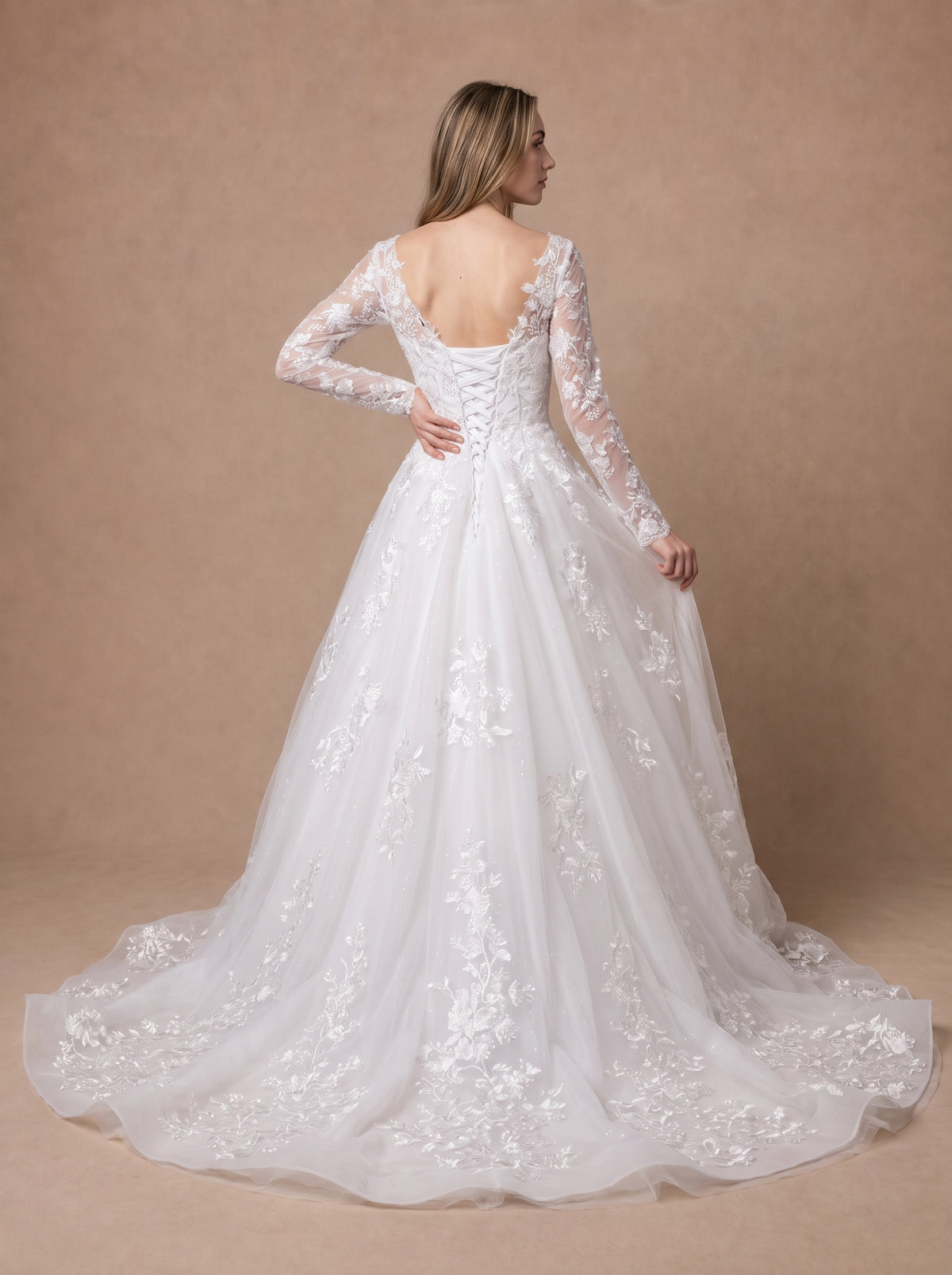 Robe de mariée pour femme ronde et grande en dentelle à manches longues — Modèle — dos