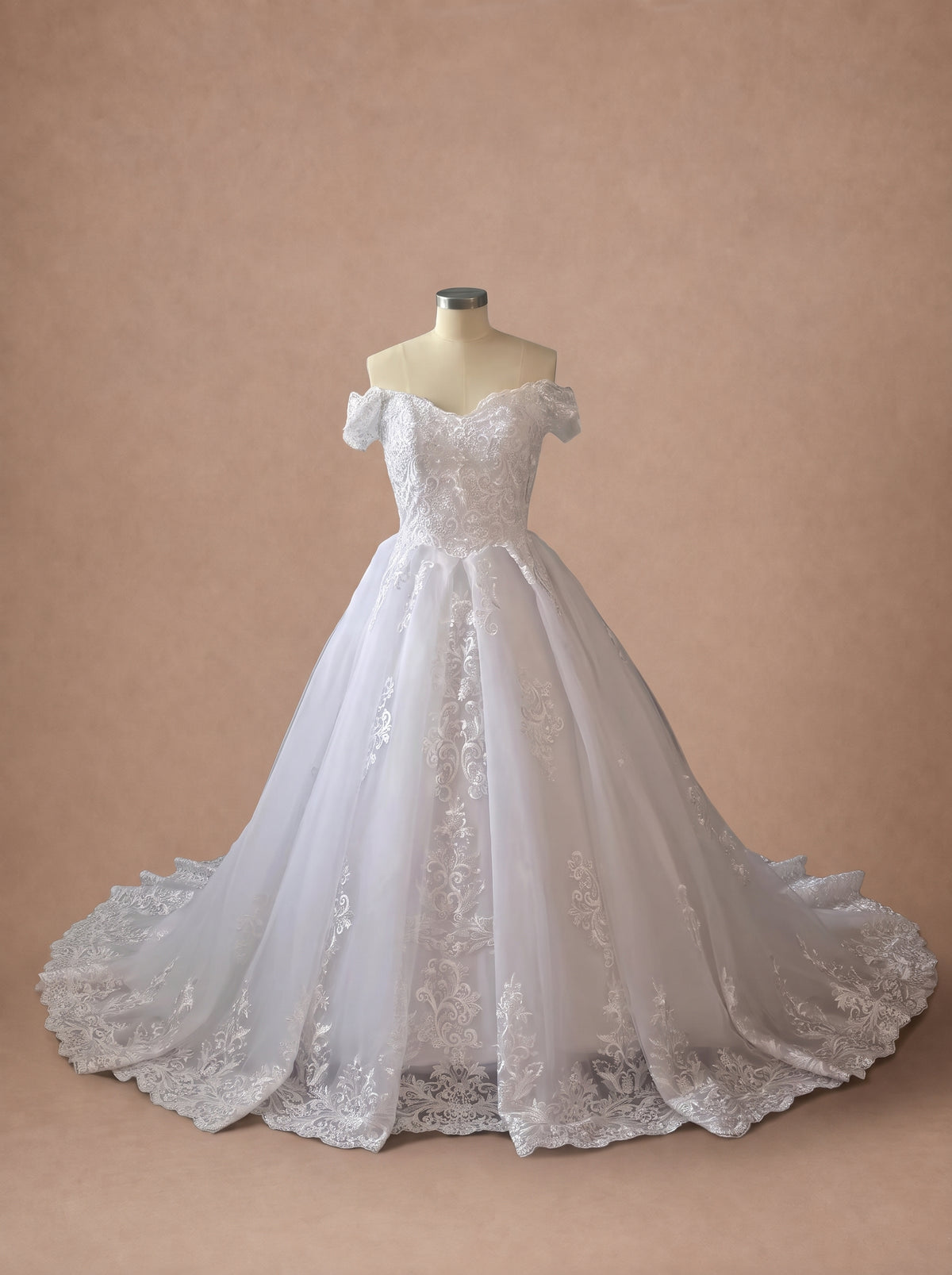 Robe de mariée princesse féerique en dentelle à épaules dénudées — Mannequin — face entière