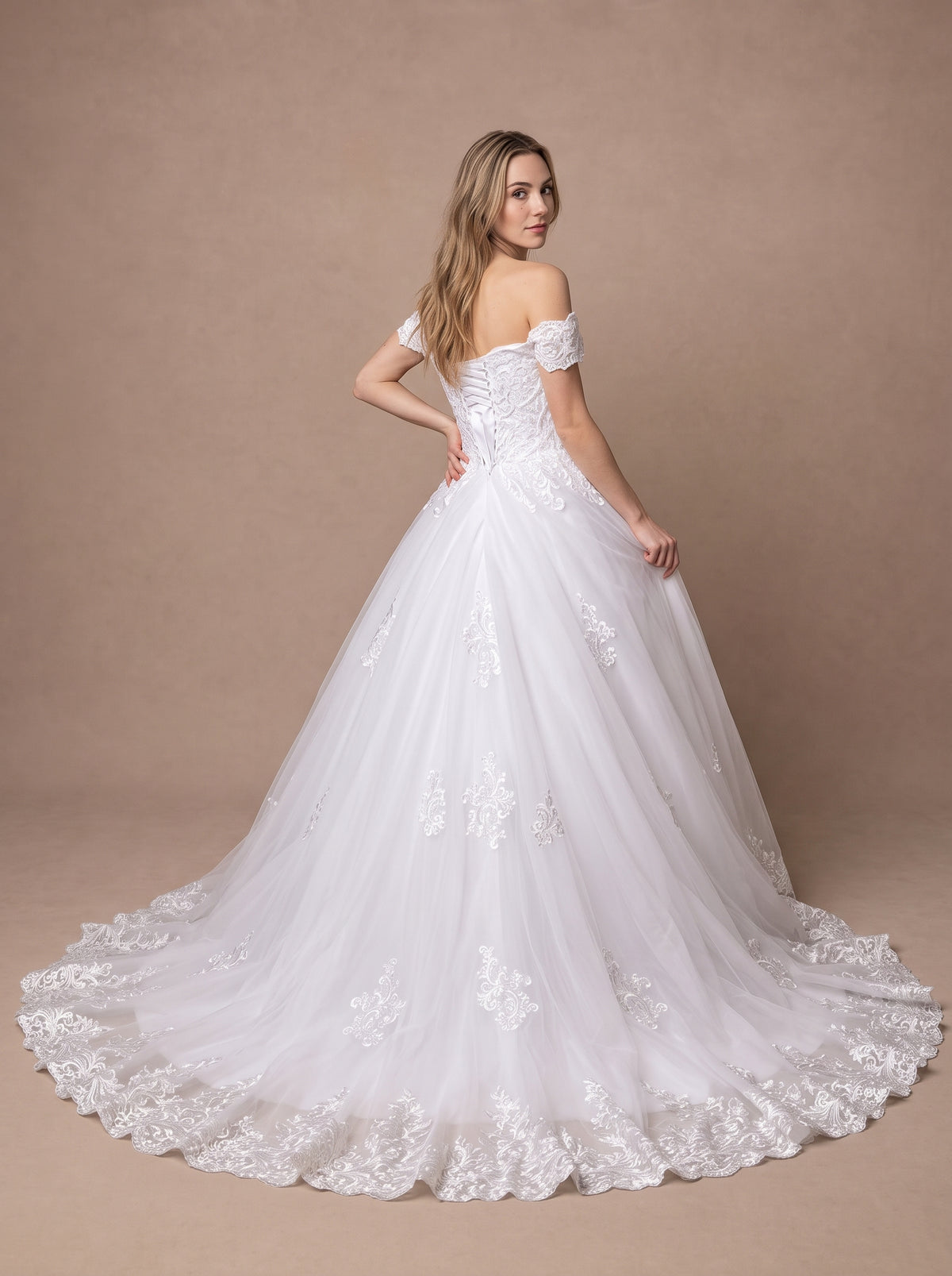 Robe de mariée princesse féerique en dentelle à épaules dénudées — Modèle — dos