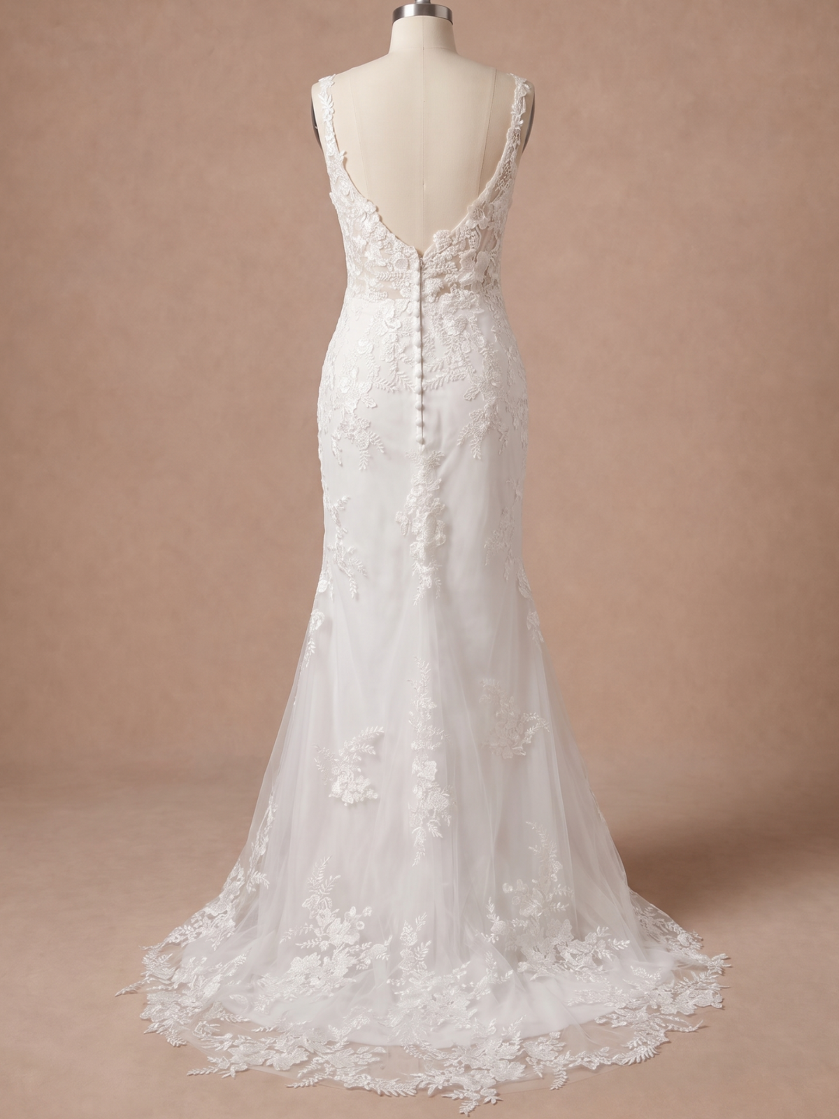 Robe de mariée sirène bohème à traîne amovible en dentelle florale — Sans traîne — Mannequin dos