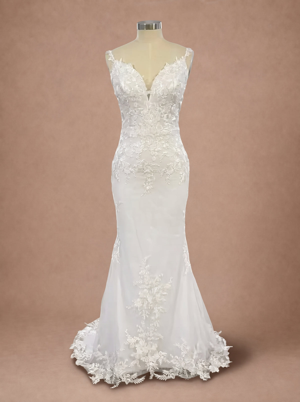 Robe de mariée sirène bohème à traîne amovible en dentelle florale — Sans traîne — Mannequin face
