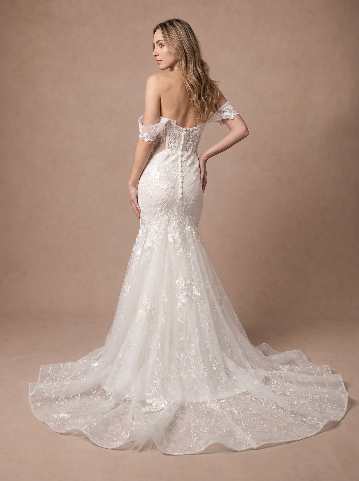 Robe de mariée sirène femme ronde à bustier corseté en dentelle — Modèle — dos