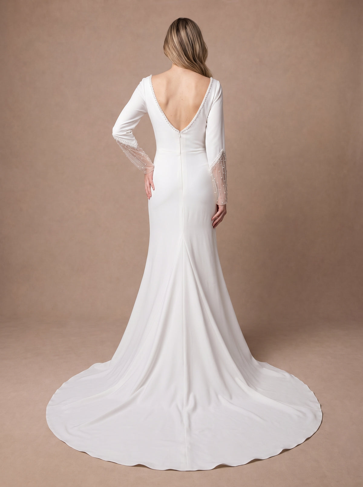 Robe de mariée sirène en satin à manches longues — Modèle — dos
