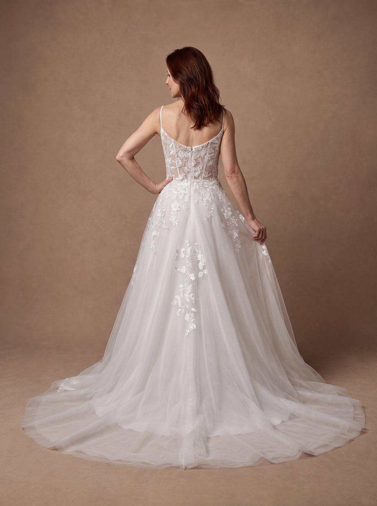 Robe de mariée trapèze bohème à col bateau en dentelle — Modèle — dos