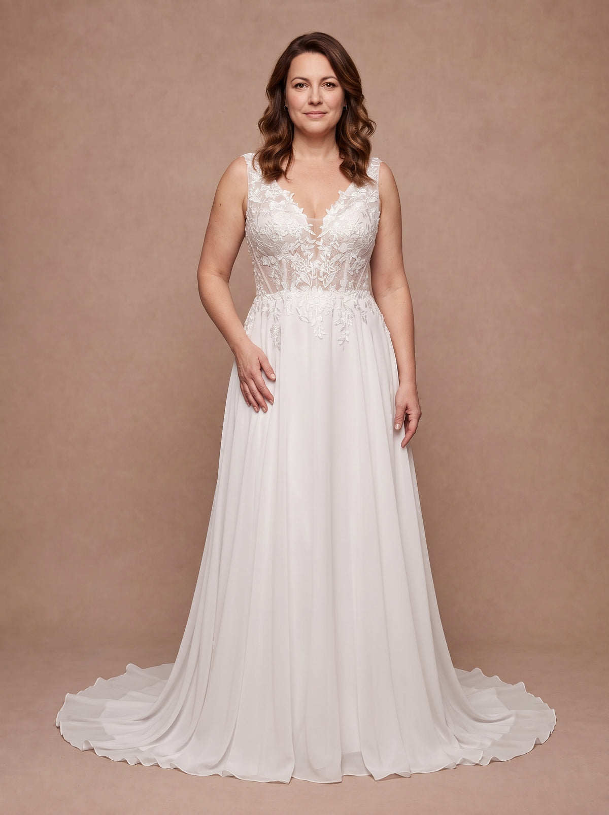 Robe de mariée civile grande taille fluide en dentelle — Modèle — face