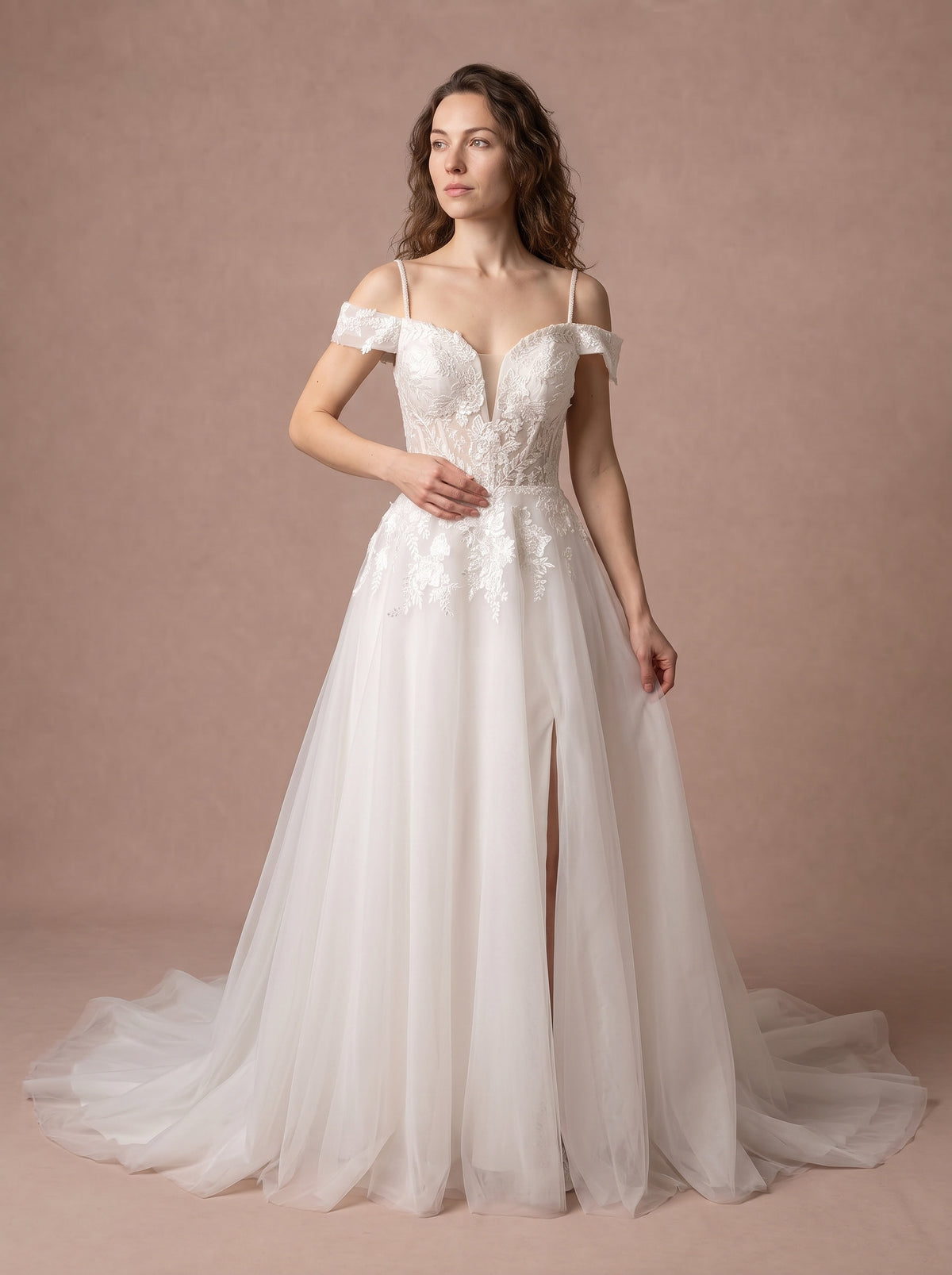 Robe trapèze en ivoire pour mariage civil — Modèle — face